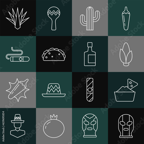 Set line Mexican wrestler, Nachos in bowl, Corn, Cactus, Taco with tortilla, Cigar, Agave and Tequila bottle icon. Vector