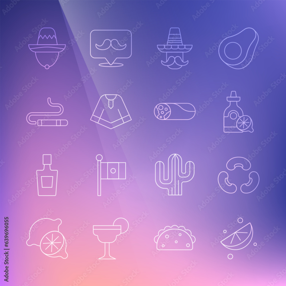 Set line Sliced lime, Beans, Tequila bottle with lemon, Mexican man sombrero, Poncho, Cigar, and Burrito icon. Vector Set line Sliced lime, Beans, Tequila bottle with lemon, Mexican man sombrero, Poncho, Cigar, and Burrito icon. Vector
