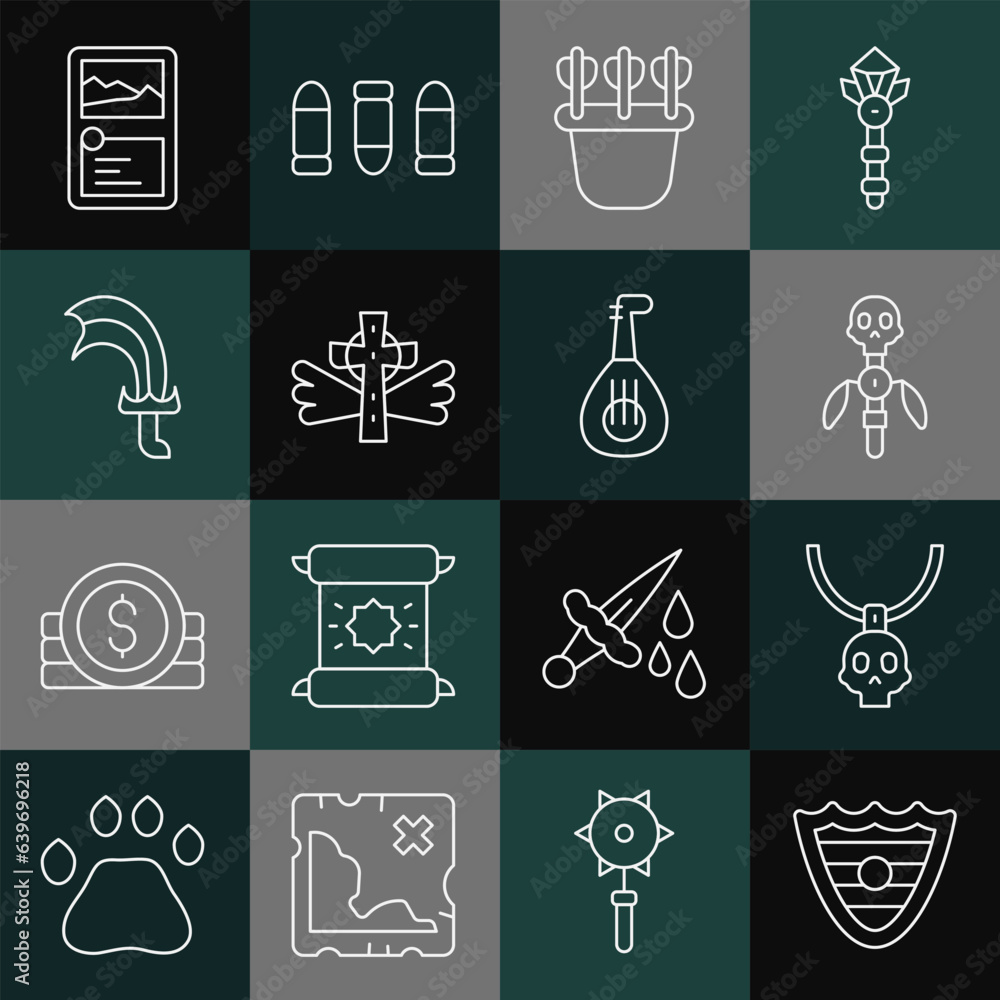 Set line Shield, Necklace amulet, Magic staff, Quiver with arrows, Christian cross, Sword for game, Card collection and Lute icon. Vector Set line Shield, Necklace amulet, Magic staff, Quiver with arrows, Christian cross, Sword for game, Card collection and Lute icon. Vector