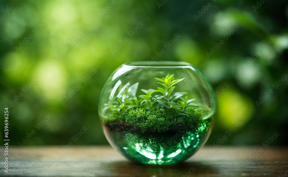 A green little plants in a glass jar on wooden floor.