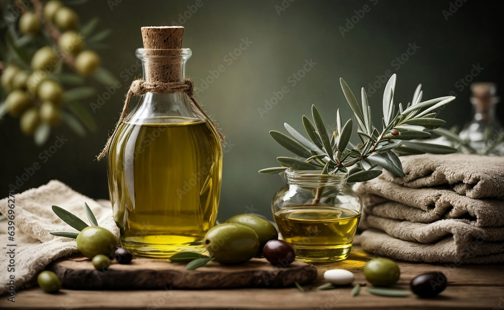 A healthy olive oil in a glass bottle. A healthy olive oil in a glass bottle.
