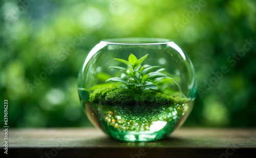 A green little plants in a glass jar on wooden floor.