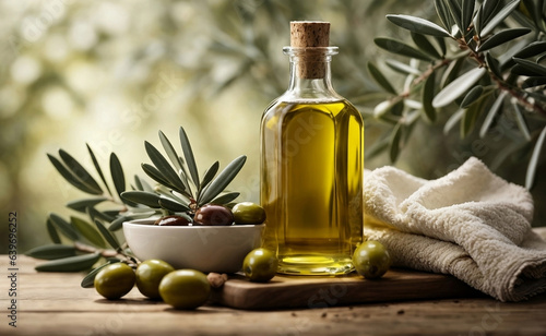 A healthy olive oil in a glass bottle.