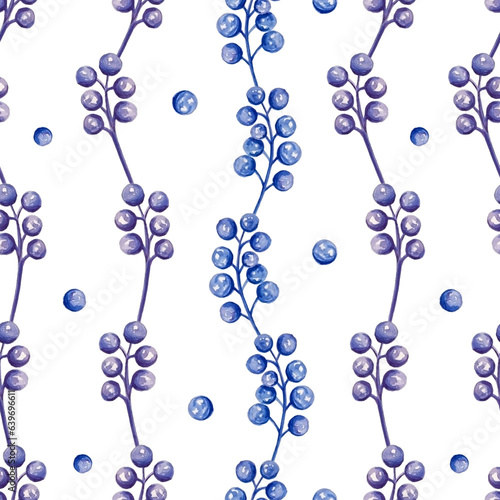 Watercolor seamless pattern blue and violet berries on branches for beautiful winter design on white isolated background. Watercolor illustration, vintage style.