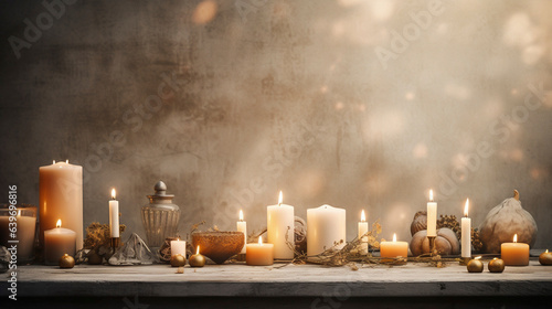 photorealistic,, all saints' day background, sober, candles, soft tones, background for all Saints Day or All Souls' Day. Background with copy space. photo