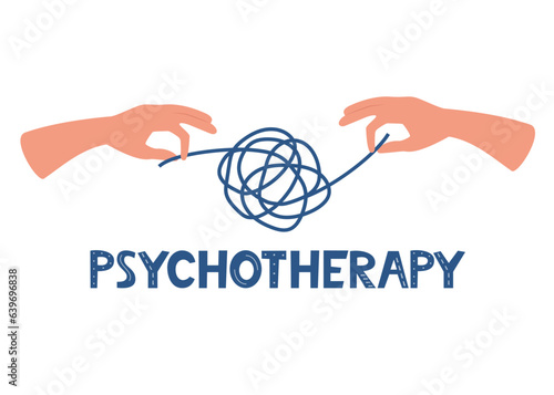 Hands untangling tangled thoughts. Chaos or mess. Psychotherapy concept. Abstract metaphor of solving difficult situation. Vector illustration.