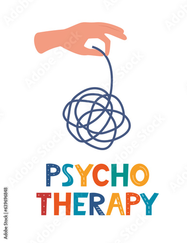 Hand untangling tangled thoughts. Chaos or mess. Psychotherapy concept. Abstract metaphor of solving difficult situation. Vector illustration.