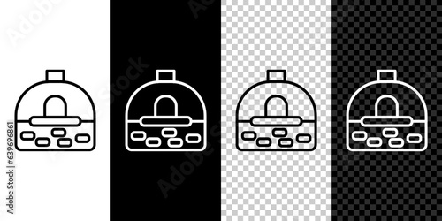 Set line Brick stove icon isolated on black and white,transparent background. Brick fireplace, masonry stove, stone oven icon. Vector