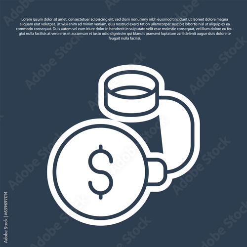 Blue line Debt ball chained to dollar coin icon isolated on blue background. Big heavy debt weight with shackles and money. Financial crime, fee, crisis. Vector