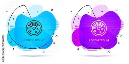 Line Radar with targets on monitor in searching icon isolated on white background. Search system. Navy sonar. Abstract banner with liquid shapes. Vector