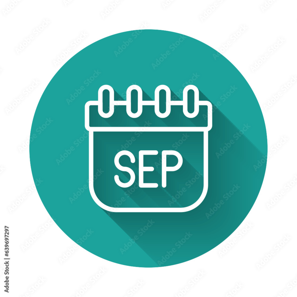 White line September calendar autumn icon isolated with long shadow background. Green circle button. Vector White line September calendar autumn icon isolated with long shadow background. Green circle button. Vector