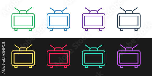 Set line Football soccer match on TV icon isolated on black and white background. Football online concept. Vector