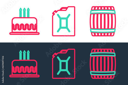 Set line Wooden barrel, Cake with burning candles and Canister for gasoline icon. Vector