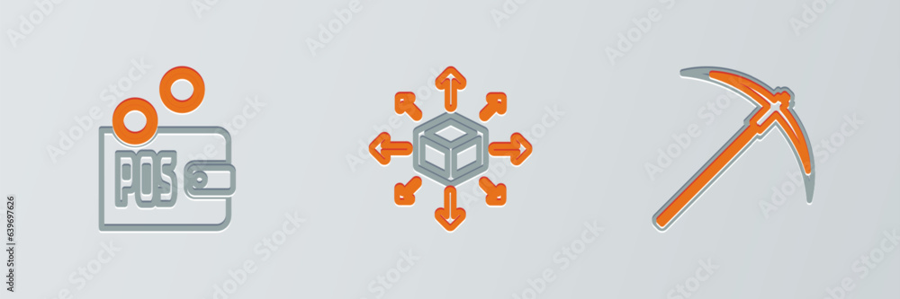 Set line Pickaxe, Proof of stake and Distribution icon. Vector Set line Pickaxe, Proof of stake and Distribution icon. Vector