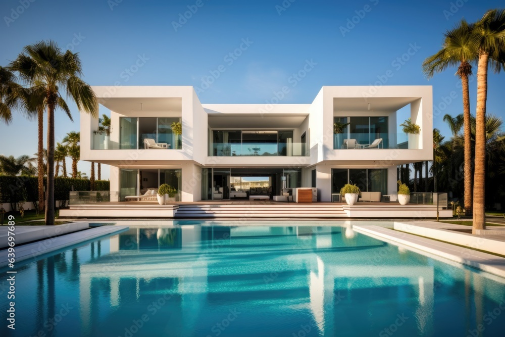 Exterior of amazing modern minimalist cubic villa with large swimming pool among palm trees