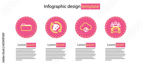 Set line Music streaming service, Car sharing, Refund money and Folder icon. Vector