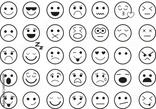 Doodle Emoji face icon set. drawn sketch style. with different expression emotion mood, happy, sad, smile face. Comic line art vector illustration. isolated on white background use for mobile