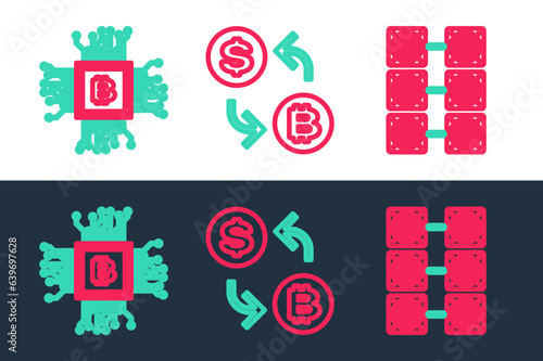 Set line Mining farm, Processor and chip with dollar icon. Vector