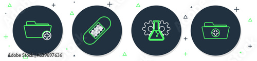 Set line Bandage plaster, Bioengineering, Health record folder and icon. Vector