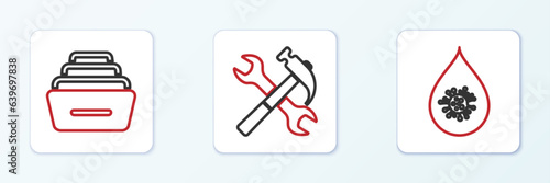 Set line Dirty water drop, Drawer with documents and Crossed hammer and wrench icon. Vector