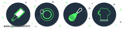 Set line Washing dishes, Kitchen whisk, Grater and Chef hat icon. Vector