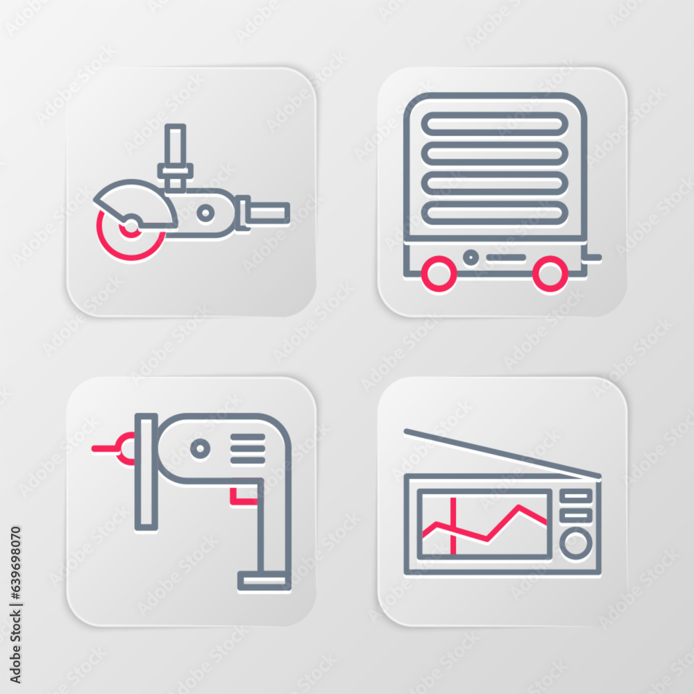 Set line Radio, Electric drill machine, heater and Angle grinder icon. Vector Set line Radio, Electric drill machine, heater and Angle grinder icon. Vector