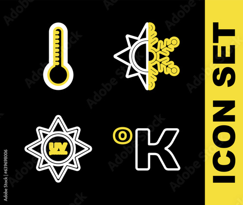 Set line Sun and snowflake, Kelvin, UV protection and Meteorology thermometer icon. Vector