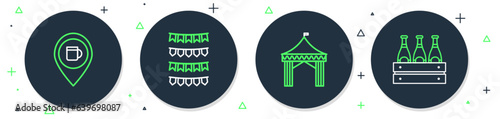 Set line Carnival garland with flags, Camping tent, Alcohol or beer bar location and Pack of bottles icon. Vector