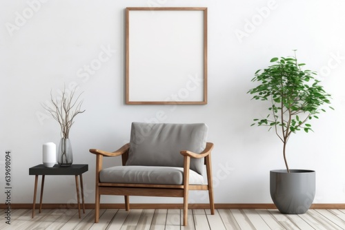 Gray armchair against of white wall with empty mock up poster frame. Scandinavian interior design of modern living room