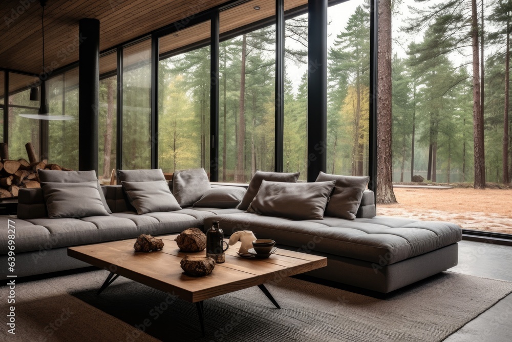Grey corner sofa against big window. Minimalist interior design of modern living room in country house in forest