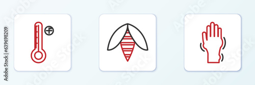 Set line Hand with psoriasis or eczema, Medical digital thermometer and Bee icon. Vector