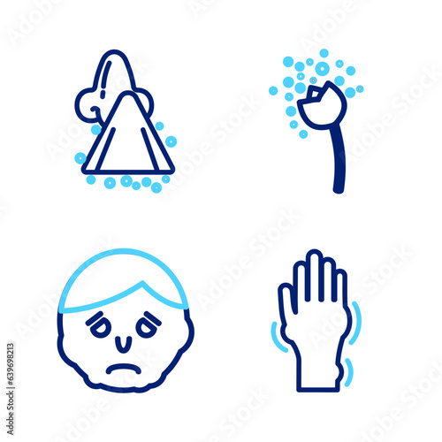 Set line Hand with psoriasis or eczema, Inflammation on face, Flower producing pollen and Runny nose icon. Vector