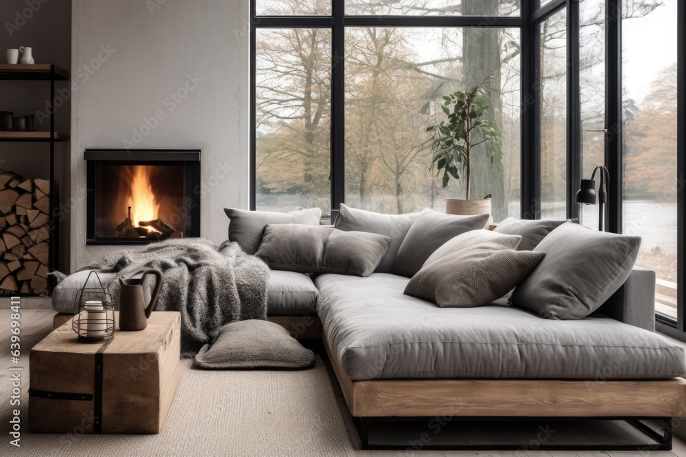 Fototapeta premium Grey daybed sofa against fireplace. Rustic Scandinavian home interior design of modern living room