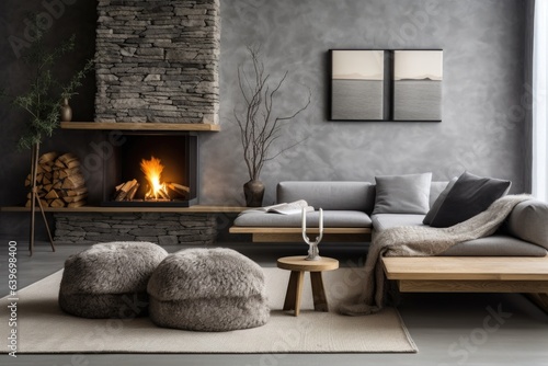 Grey daybed sofa against fireplace. Rustic Scandinavian home interior design of modern living room © Interior Design