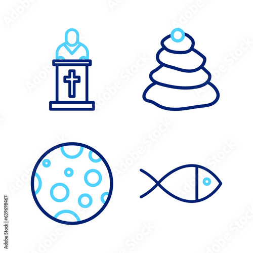 Set line Christian fish, Moon, Stack hot stones and Church pastor preaching icon. Vector