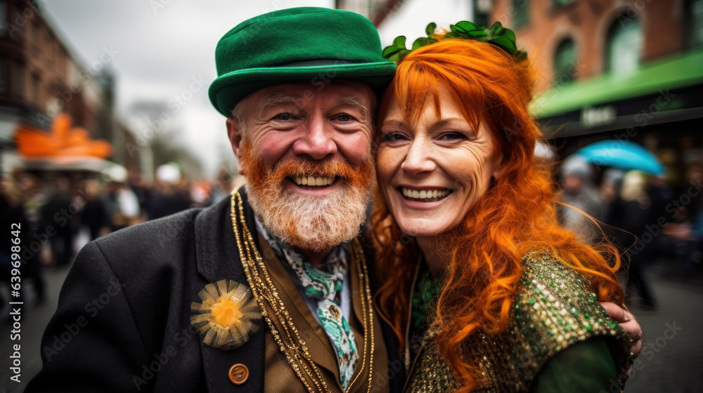Family of Irish senior people dressed for celebration of St. Patrick's Day on city street. 60yo Love story