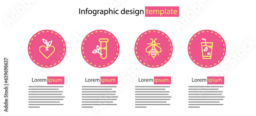 Set line Bee, Fresh smoothie, Laboratory glass and leaves and Heart icon. Vector