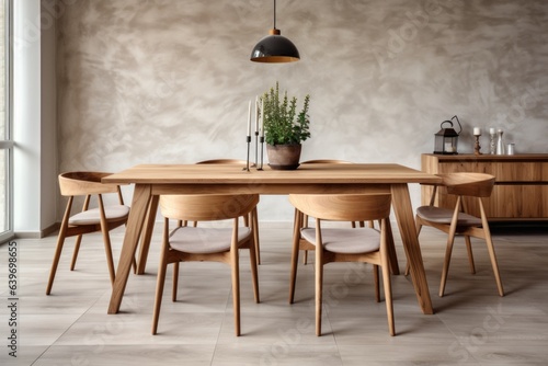 Hand crafted natural wood dining table and chairs. Scandinavian home interior design of modern living room © Interior Design