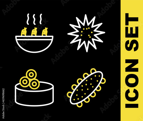 Set line Sea urchin, cucumber, Tin can with caviar and Soup shrimps icon. Vector