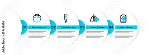 Set line Clipboard with blood test results, Virus cells in lung, Medical thermometer and Earth medical mask icon. Vector