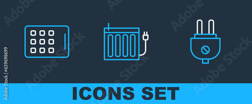 Set line Electric plug, Graphic tablet and Heating radiator icon. Vector