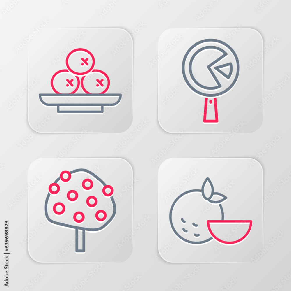 Set line Orange fruit, tree, Omelette in frying pan and Olives on plate icon. Vector Set line Orange fruit, tree, Omelette in frying pan and Olives on plate icon. Vector