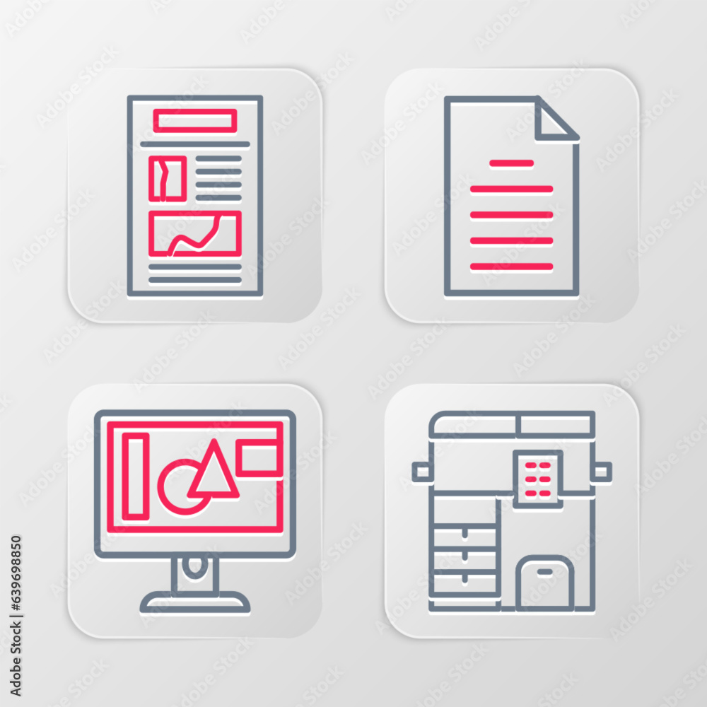 Set line Copy machine, Computer monitor screen, File document and News icon. Vector