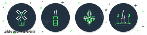 Set line Lipstick, Fleur De Lys, Windmill and Place La Concorde icon. Vector