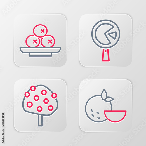 Set line Orange fruit, tree, Omelette in frying pan and Olives on plate icon. Vector