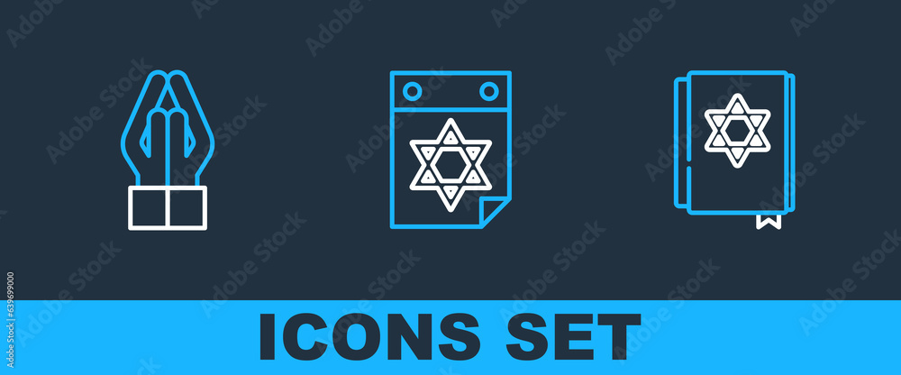 Set line Jewish torah book, Hands in praying position and calendar icon. Vector