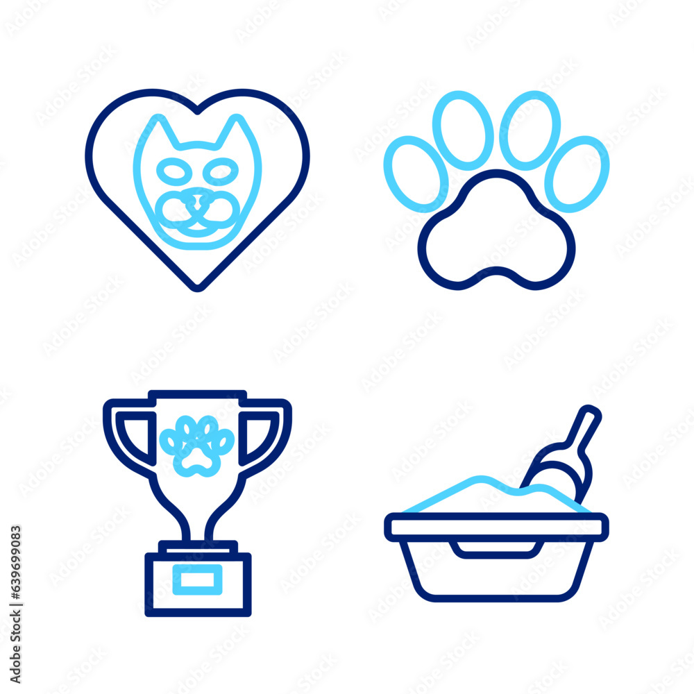 Set line Cat litter tray with shovel, Pet award, Paw print and Heart cat icon. Vector Set line Cat litter tray with shovel, Pet award, Paw print and Heart cat icon. Vector