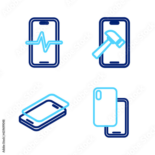 Set line Smartphone, Glass screen protector, Mobile with broken and Phone repair service icon. Vector