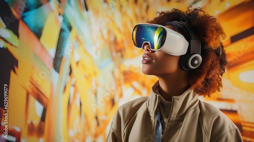 A girl in a virtual reality headset is hanging out in a futuristic area of a virtual art gallery exhibit.