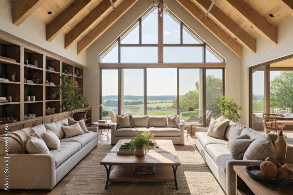 Interior design of modern living room in farmhouse with vaulted ceiling